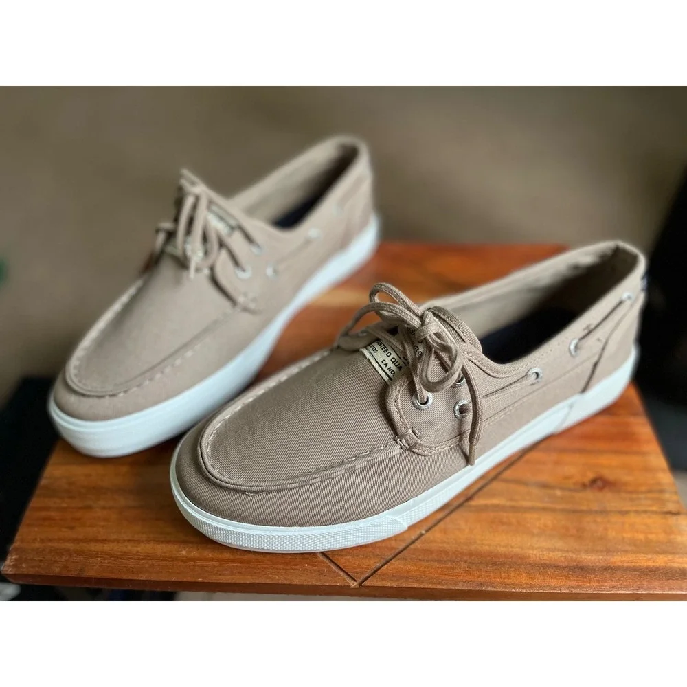 Nautica Spinnaker Twill Mens 9.5 Tan Boat Shoes Canvas Loafers NEW